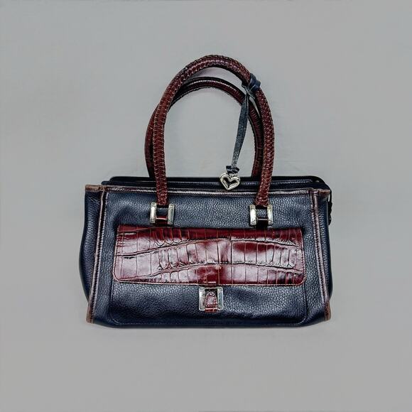 Vintage Brighton Black Leather Croc-Embossed Satchel Bag - Heart Charm Accent - Picture 1 of 6
